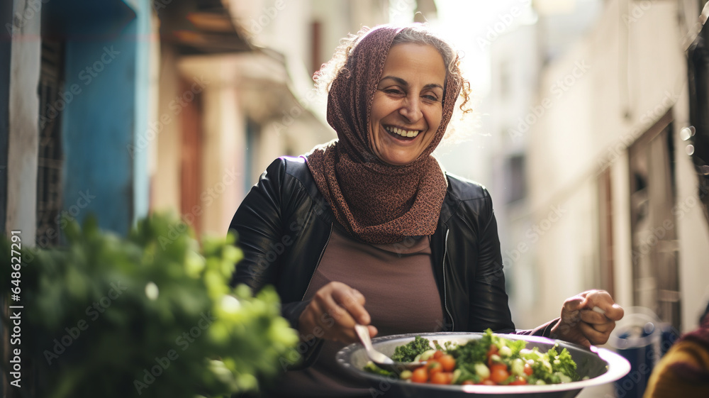 Joyful Salad Moment: Woman Relishing a Vegetable Dish Joyful Salad Moment: Woman Relishing a Vegetable Dish