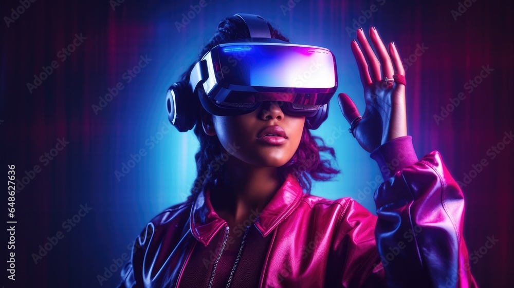 Tech-Savvy Woman in VR Headset: Dynamic Superhero Pose Tech-Savvy Woman in VR Headset: Dynamic Superhero Pose