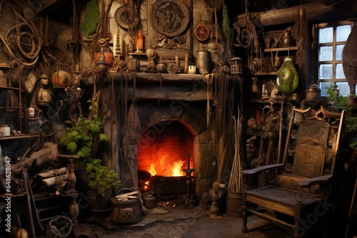 Vibrant fireplace, cauldron, and mystical objects adorn a magical witch's cottage. Generative AI © Yana