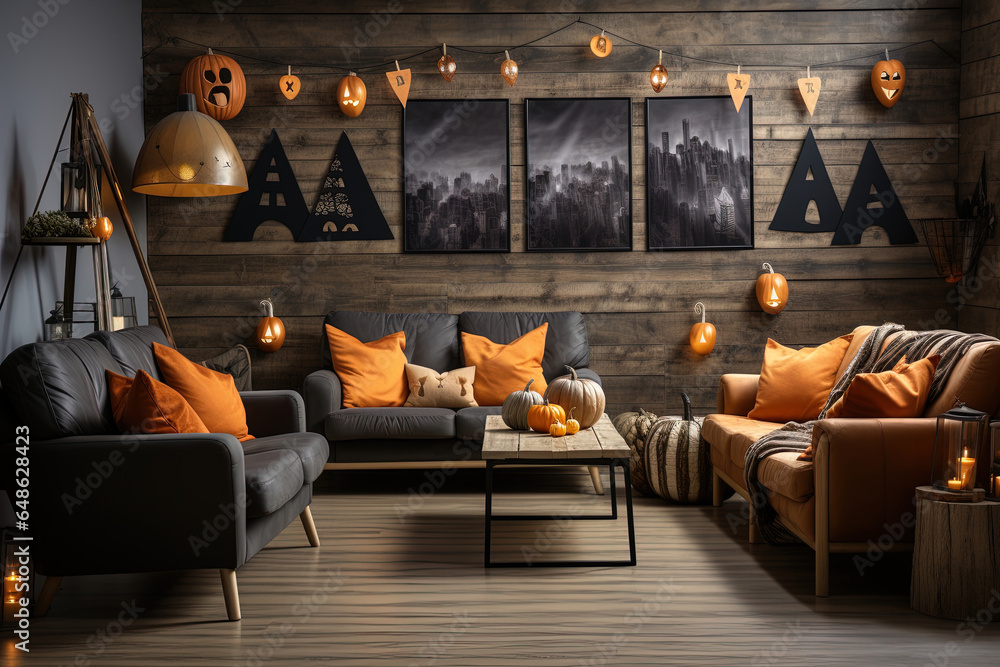 Halloween Party Living Room Decorations. Lanterns, Pumpkins, sofa and Blank Mockup Posters modern design