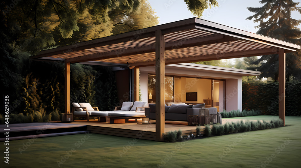 Fototapeta premium Sleek Garden Pavilion: A Modern Wooden Pergola Amidst Nature