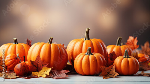 Autumn composition with orange pumpkins and Fall maple leaves on a light surface, copy space on a wooden background.