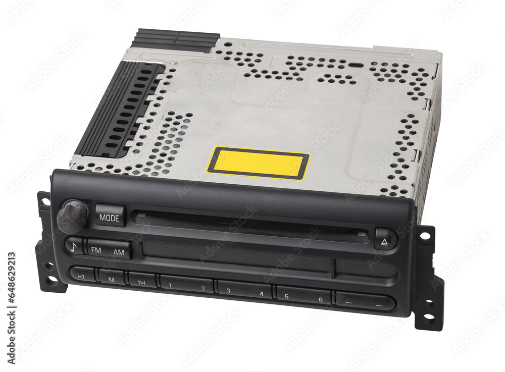 Obraz premium an audio system and a radio in gray and black plastic of car with cd and mp3 music on white isolated background