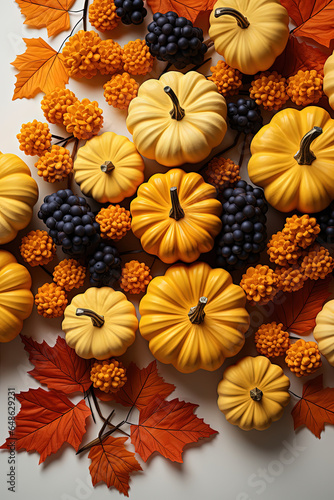 Festive Autumn decor from pumpkins  berries and leaves on a white wooden background Concept of Thanksgiving Day or Halloween