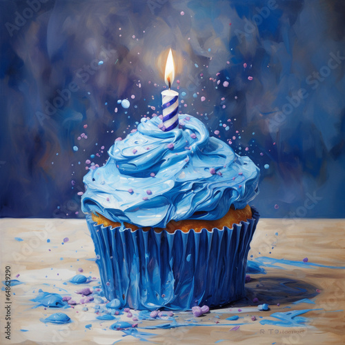 Illustration of a charming blue birthday muffin, beautifully decorated with sprinkles and a festive candle, perfect for a special celebration