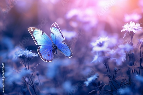 Wild flowers, butterflies, close-up macro. Artistic, magical image in blue and purple tones. Generative AI