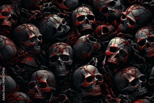 eerie pattern with red and black skulls and bones on a black background. Generative AI