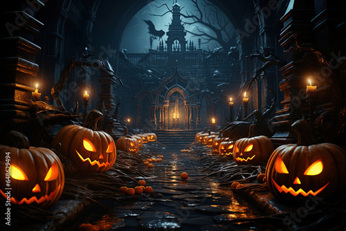 Halloween background with pumpkins and haunted house. 3D render Halloween background with Evil Pumpkin. Spooky scary dark Night forest. Holiday event Halloween banner background concept