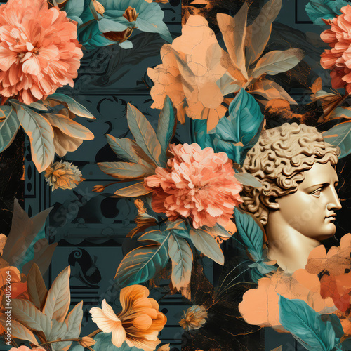 Ancient Greece floral collage repeat pattern