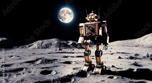 vecchio robot meccanico fermo e in disuso sulla superficie di una luna, spazio e pianeti sullo sfondo photo
