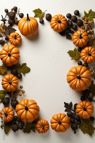 Festive autumn blank fruit frame of pumpkins and leaves on a white background. The concept of Thanksgiving or Halloween
