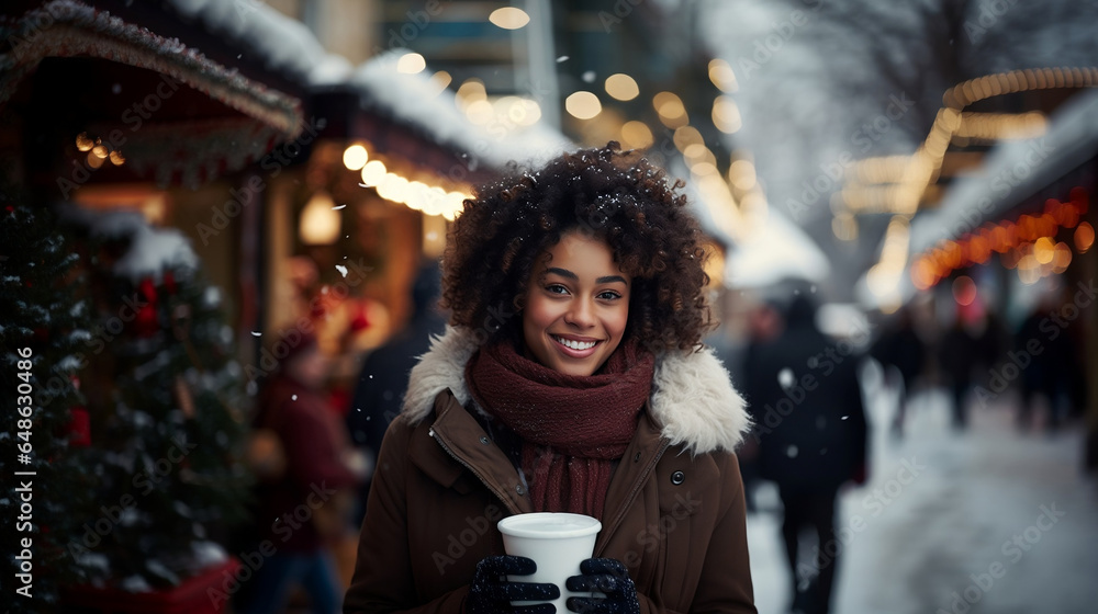 A beautiful black mixed race woman with an afro standing outside at a Christmas market, holding a coffee, snowy day, christmas lights, cold, winter season, happy holidays