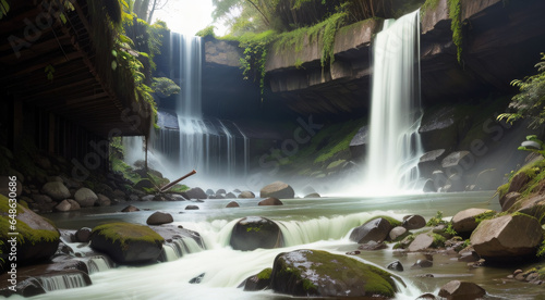 Photorealistic painting of a waterfall in a rainforest, Generative Ai.