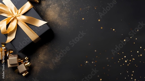 Black gift box adorned with gold bow on black background. It is suitable for designs related to gifting, celebrations, birthdays, and special occasions.