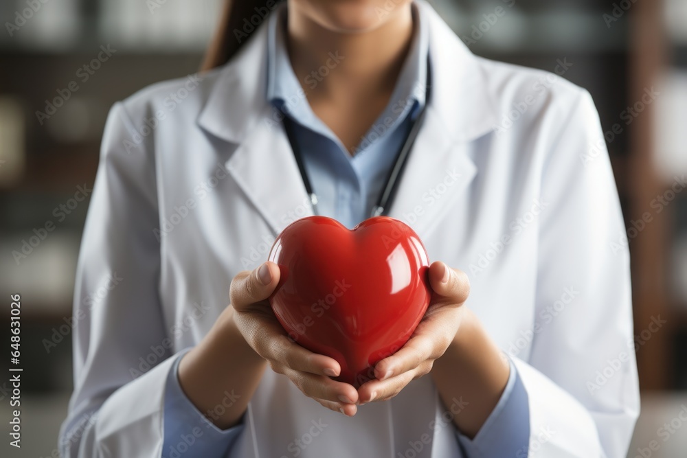 Doctor in lab coat holding heart with both hands. Generative Ai Doctor in lab coat holding heart with both hands. Generative Ai