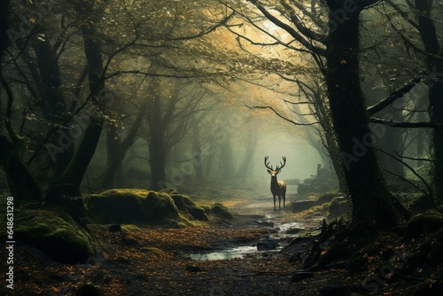 Mystical woodland scenery with ethereal atmosphere and muted tones. Generative AI