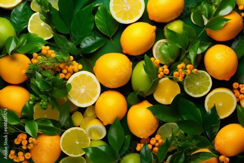 A vibrant summer background with ripe lemons, orange, and eucalyptus. Citrus and vitamin C theme. Generative AI