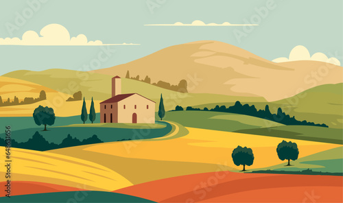 Tuscany rural landscape with house in flat style. Tuscany landscape banner. Vector stock