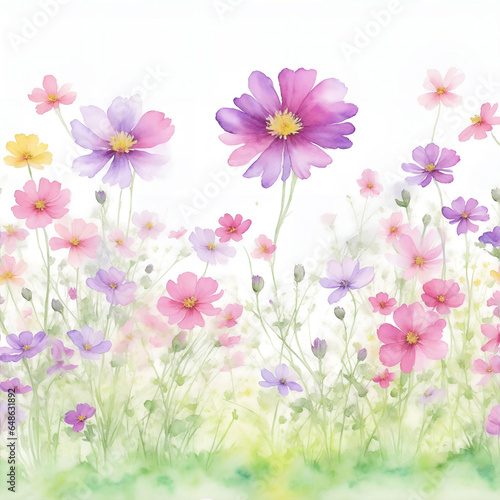Vector hand painted watercolor cosmos floral garden field landscape background © muhammadrimon