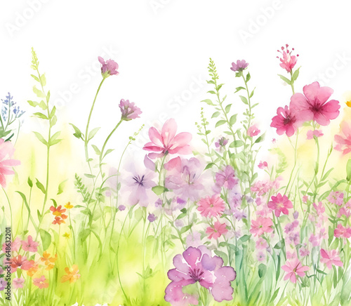 Vector hand drawn watercolor wildflowers illustration landscape background