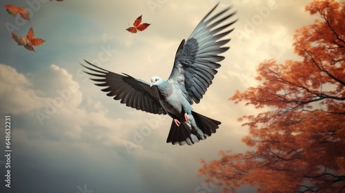A flying pigeon in front of a tree