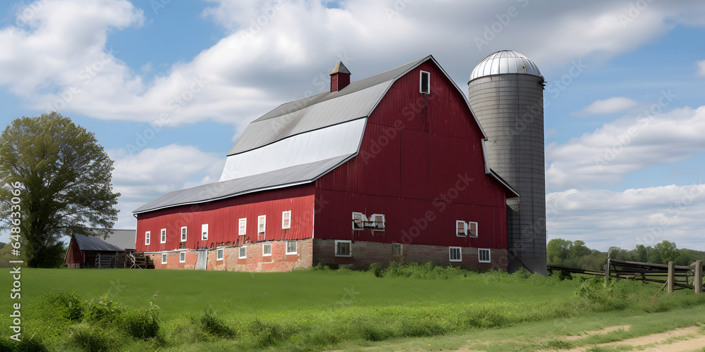 large red barn with a silver silo in the background three generative AI