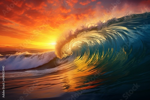 Stunning sunrise above ocean waves, portraying the essence of traveling. Generative AI © Rowen