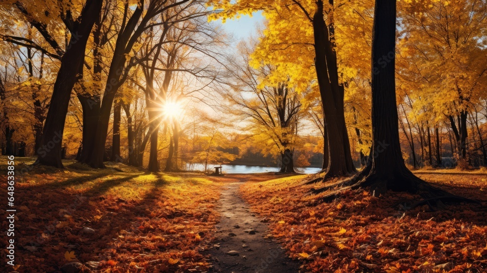 Fall's Beauty Unveiled: Sunlit Landscape with Yellow Leaves
