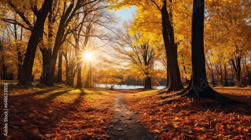Fall's Beauty Unveiled: Sunlit Landscape with Yellow Leaves 