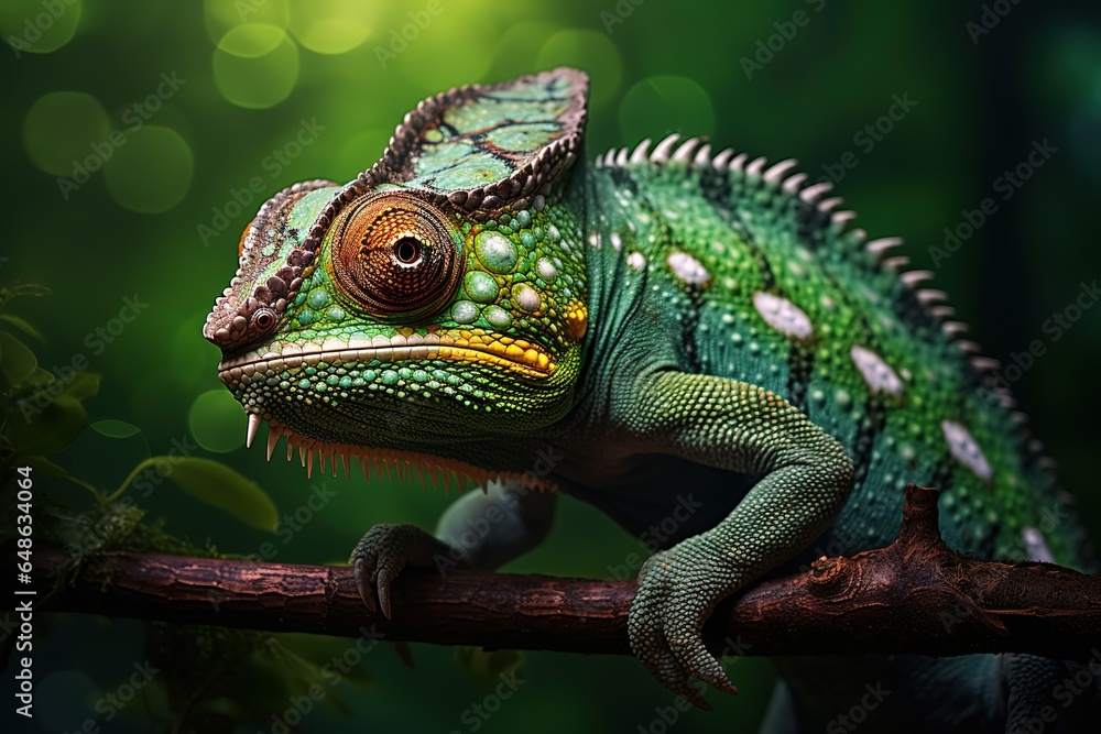 Fototapeta premium Chamelion animal sitting on a branch in nature.