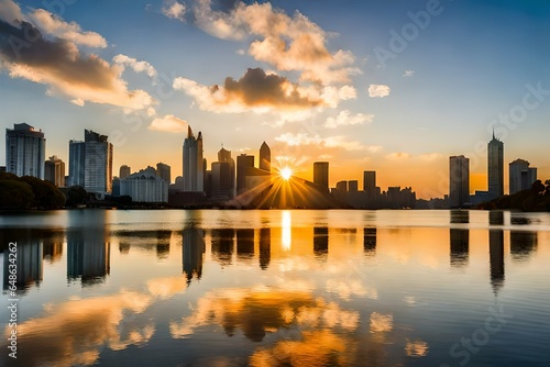 Park Barigui in Curitiba at sunrise with lake reflection  Parana State  Brazil stock photo