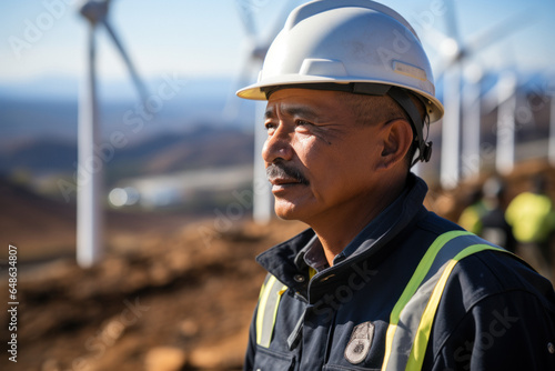 Senior engineer man stands on the background of wind farm power station