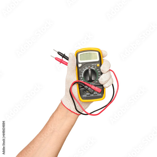 Foto Male hand in a white glove holds a voltmeter on a transparent background