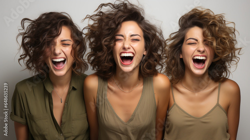 Group portrait of young women having fun and laughing. Studio background, lifestyle