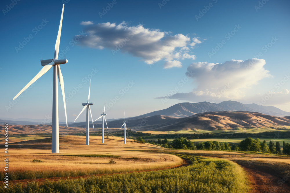 A spacious picturesque landscape of fields with wind farms of power plants