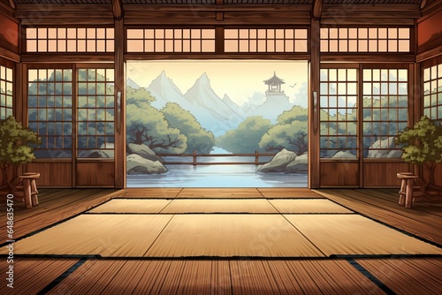 Illustration of a traditional karate dojo with training mat and rice paper windows. Generative AI photo