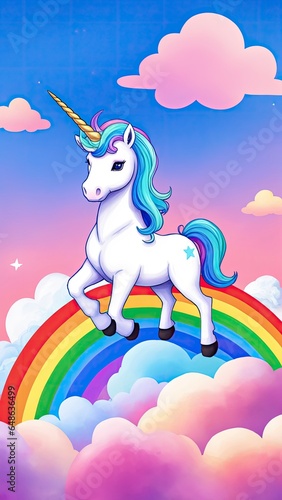 A Cute Unicorn Soaring Beneath a Rainbow Sky