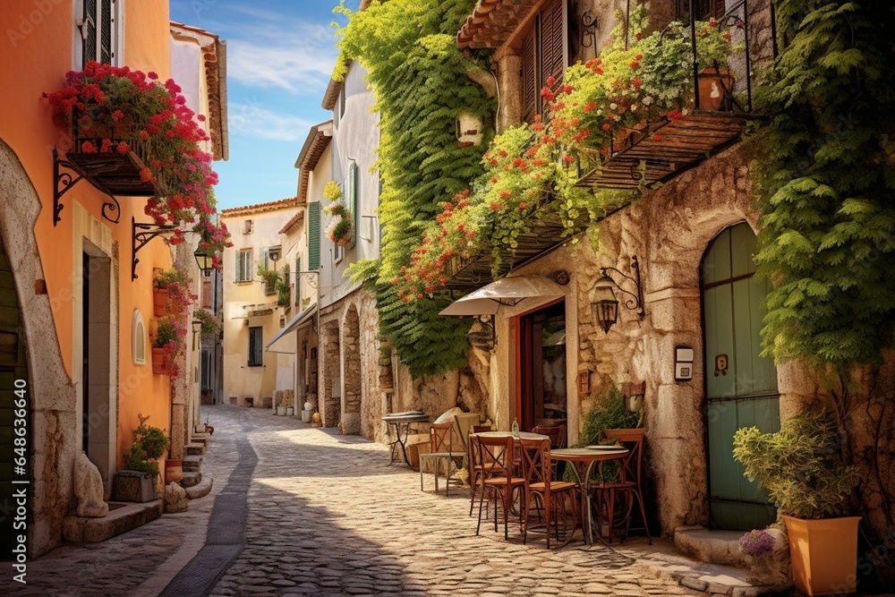 A beautiful street in the historical center of Antibes, France, along the Mediterranean Sea. Generative AI