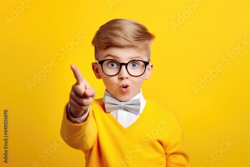 Portrait of stylish little smart boy with finger pointed up