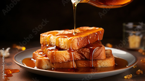 A plate of French toast with syrup being poured photo
