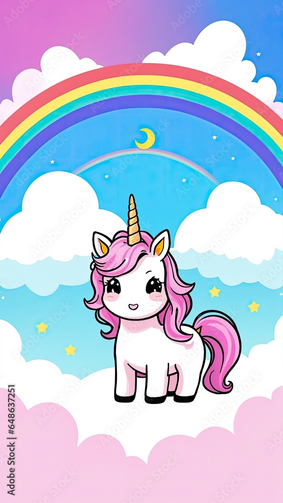 A Cute Unicorn Soaring Beneath a Rainbow Sky A Cute Unicorn Soaring Beneath a Rainbow Sky
