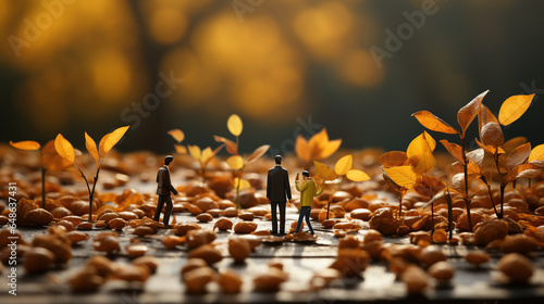 Miniature people walking through an autumn forest.