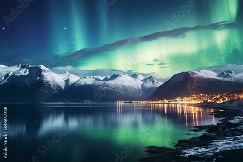 Nighttime view of colorful aurora borealis above the sea with snow-capped mountains and distant city lights. Generative AI