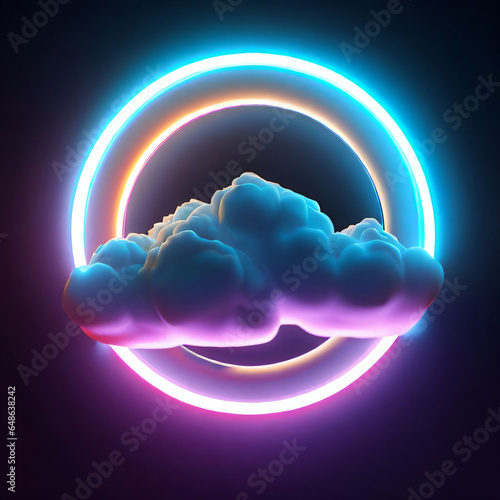 3d render, abstract cloud illuminated with neon light ring on dark night sky
