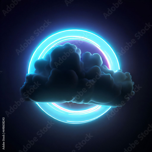 3d render, abstract cloud illuminated with neon light ring on dark night sky