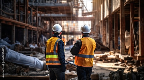 Two engineers are working on a construction site. Two engineers are standing in front of the building