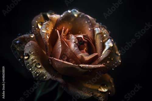 Closeup of Rose with Water Drops Illuminated by Moody Backlighting
