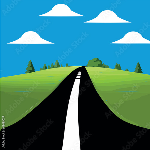 Simple road vector illustration, features a black road with a white dashed line, traversing through a lush green landscape under a blue sky white clouds. Ideal for  travel, adventure, and nature