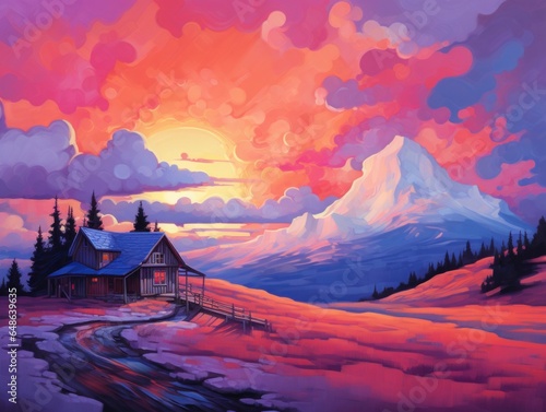 Colorful sunset scene with cottage on a mountain background in oil painting style