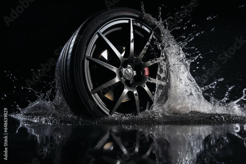 Car tire splashing water on black background.